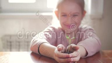 女孩手里拿着年轻的绿色植物。 生长，<strong>呵护</strong>，保护地球，生态的理念和标志..